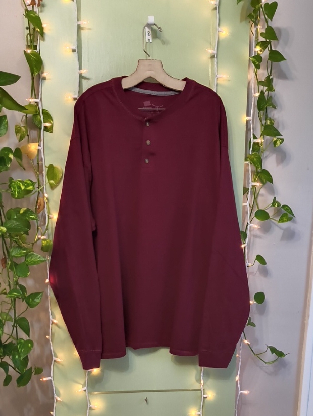Men's Hanes Beefy Durable Soft Burgundy Long Sleeve Henley 2X